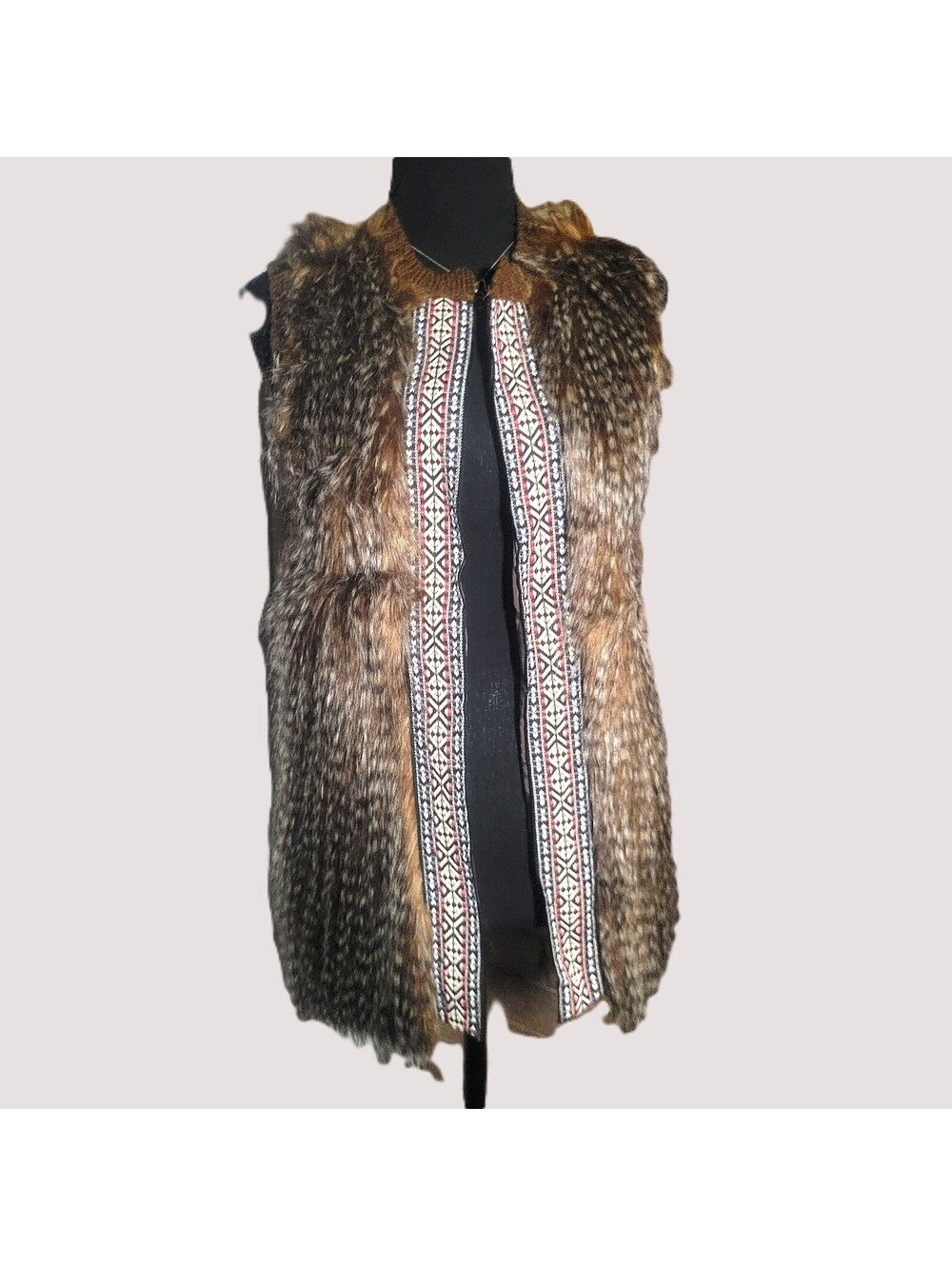 Love on a Hanger Southwestern Aztec Ribbon Trim Faux Fur Vest - Size S